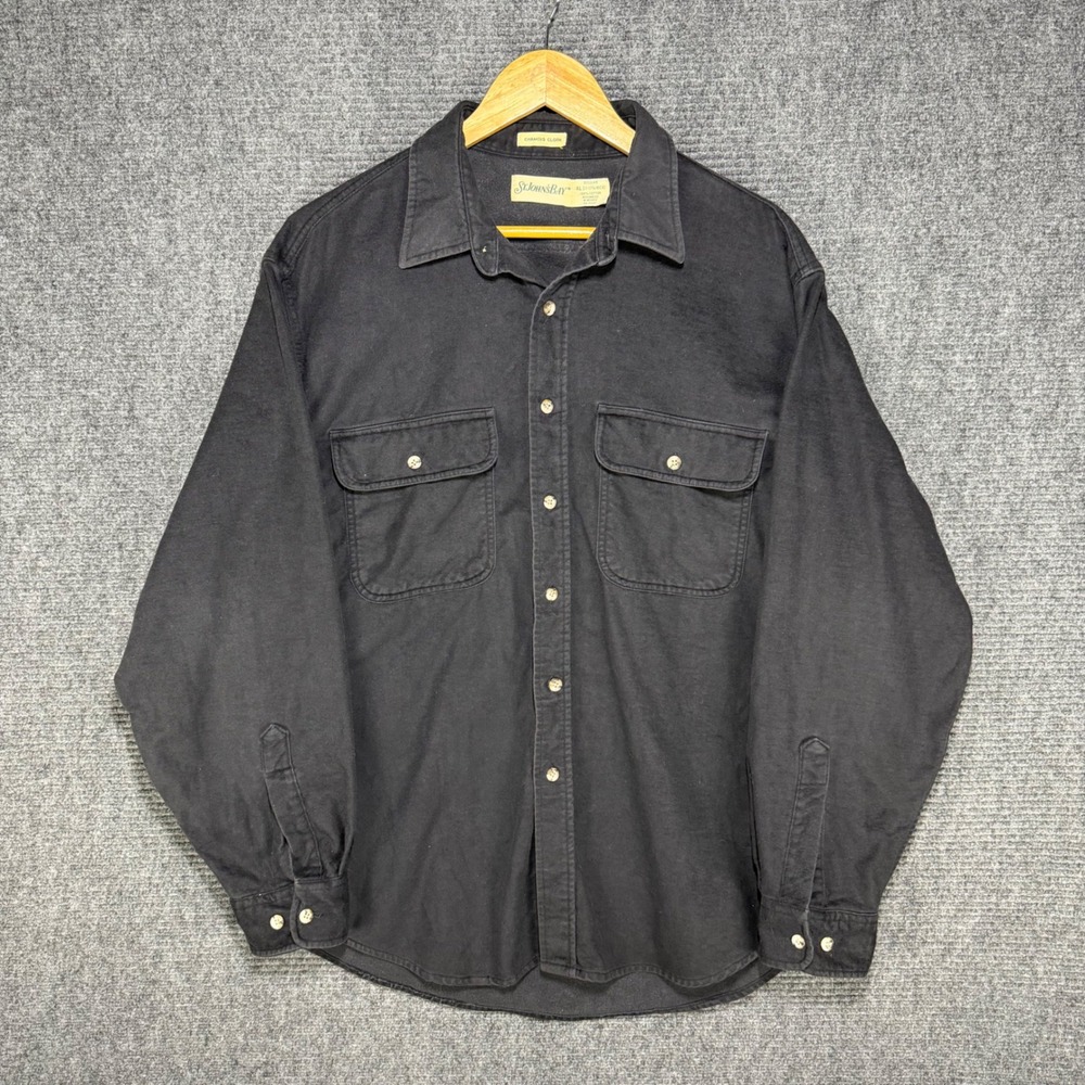 VTG St Johns Bay Men XL Black Chamois Cloth Shirt Heavy Cotton Button Down